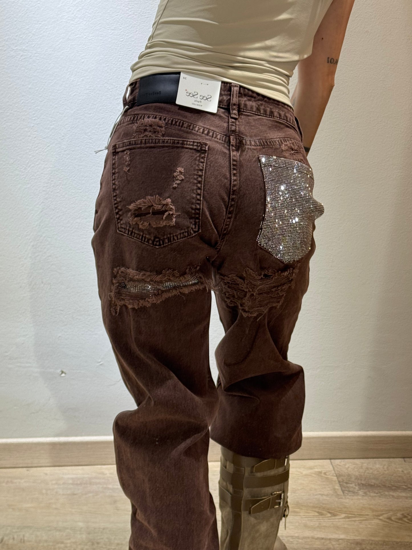 DENIM MARRONE GLITTER POCKET